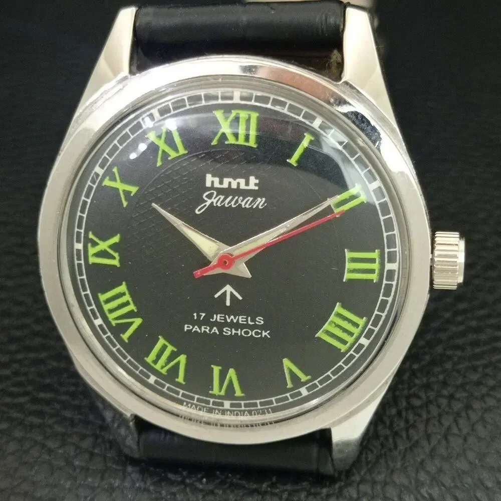 Vintage 1988 HMT Manual Wound Mens Silver Watch & Green accents